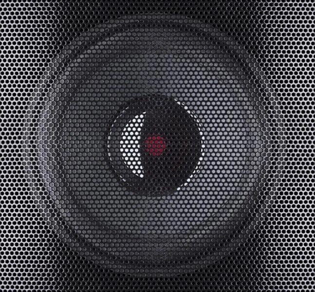 Haut-parleur d’enceinte derrière sa grille, en gros plan