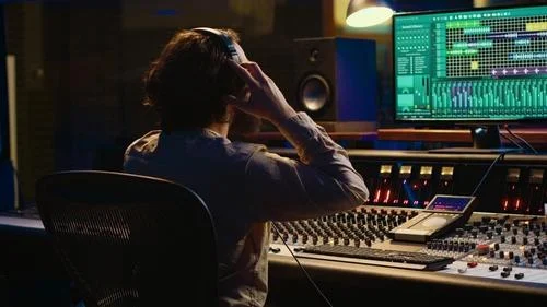 Ingénieur du son au casque devant une console de mixage